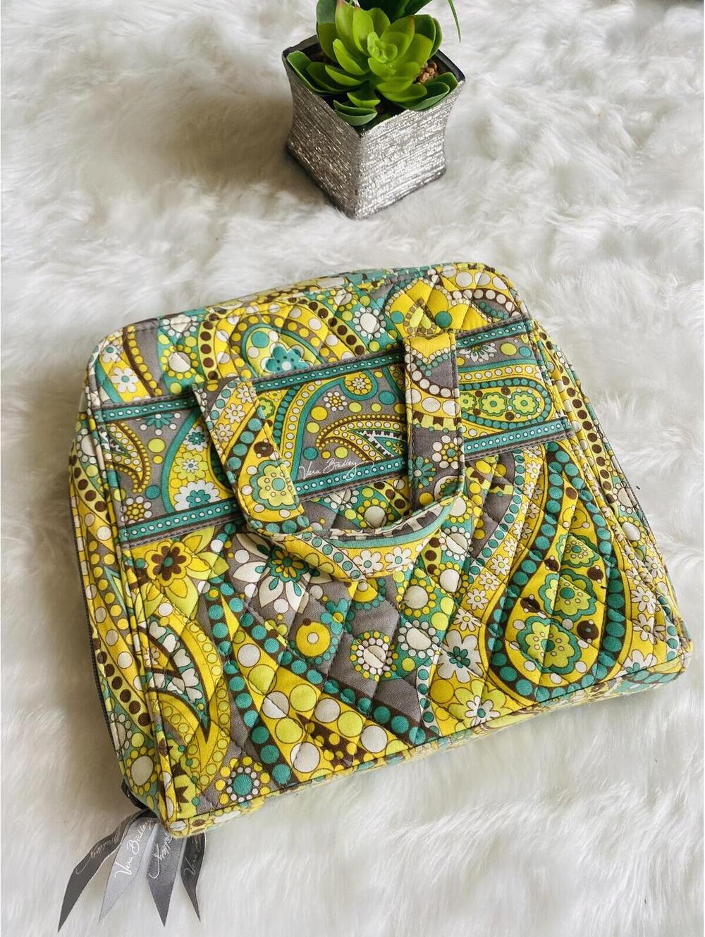 Vera Bradley Quilted Yellow and Green Paisley Patterned Organizer Bag